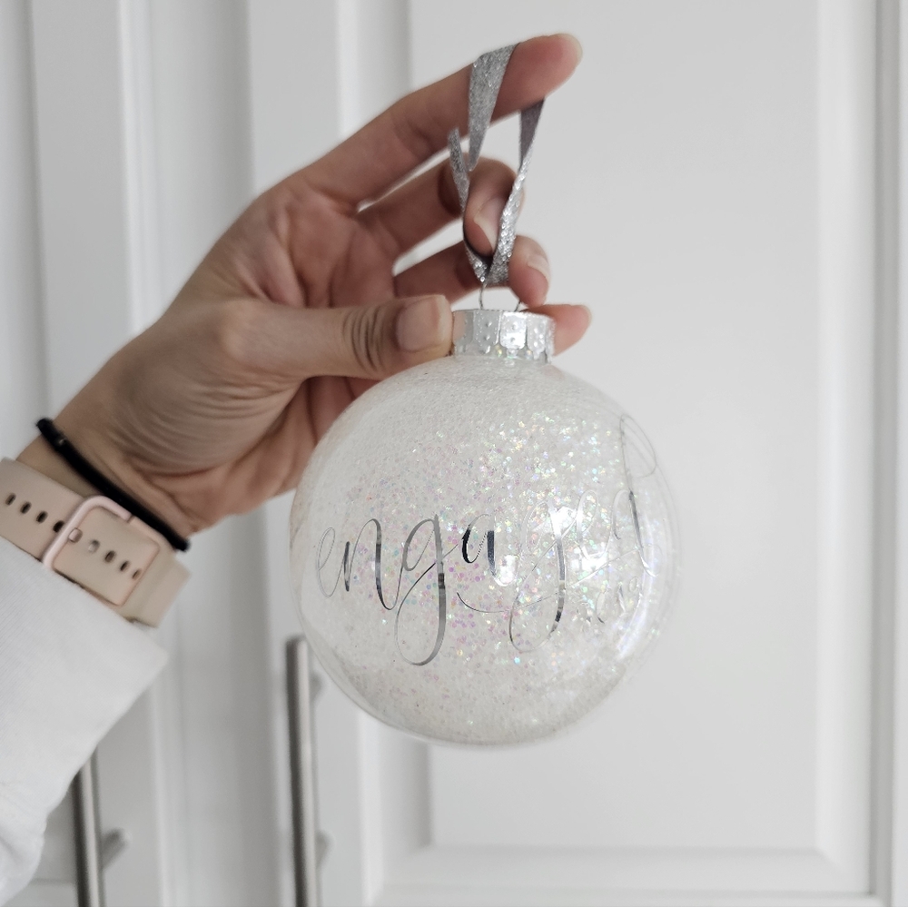 White Glitter Engagement Ornament 2019